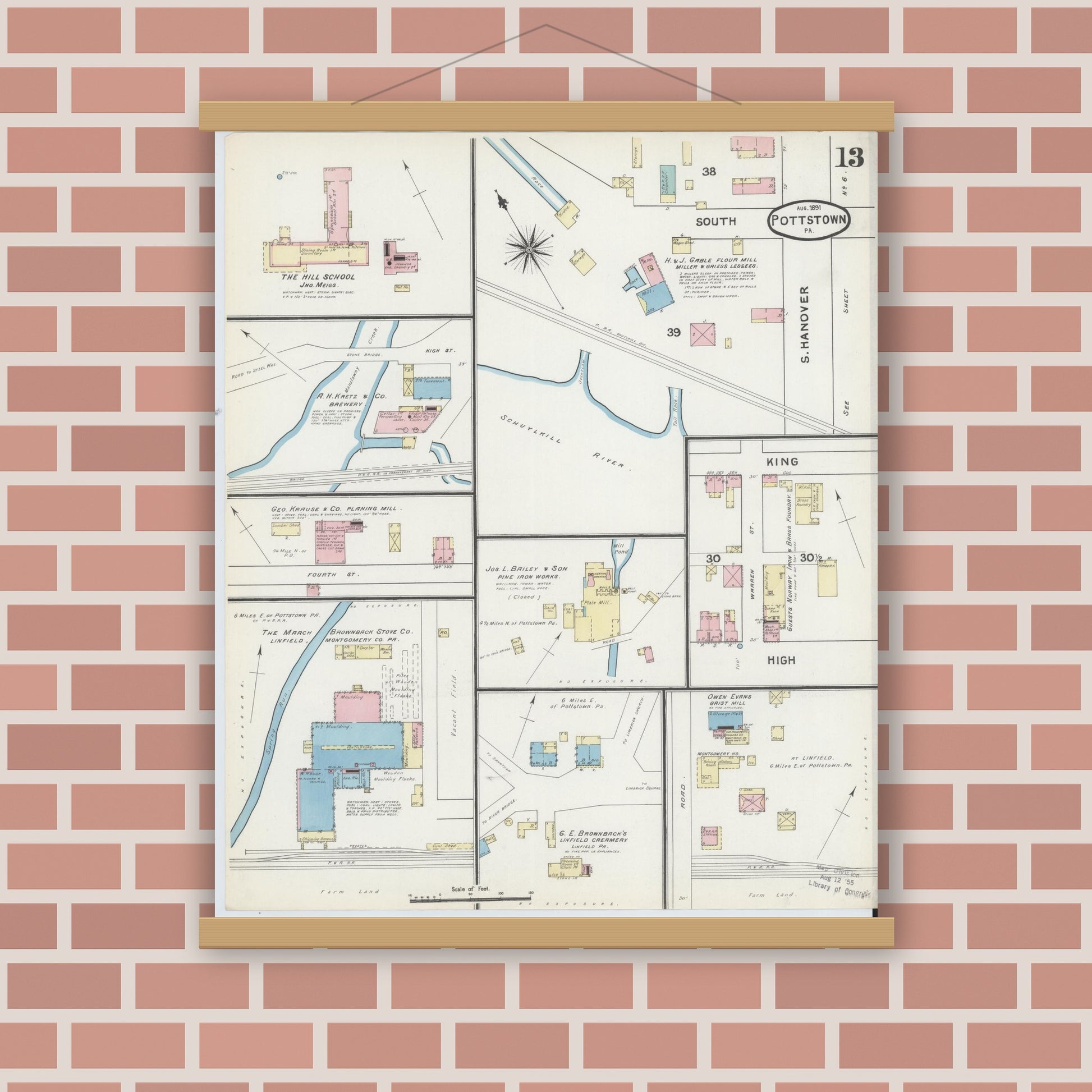 Old map wall art mockup — magnetic wood frame on brick wall — Sanborn Fire Insurance Map from Pottstown, Montgomery County, Pennsylvania (1891), Sheet #0013