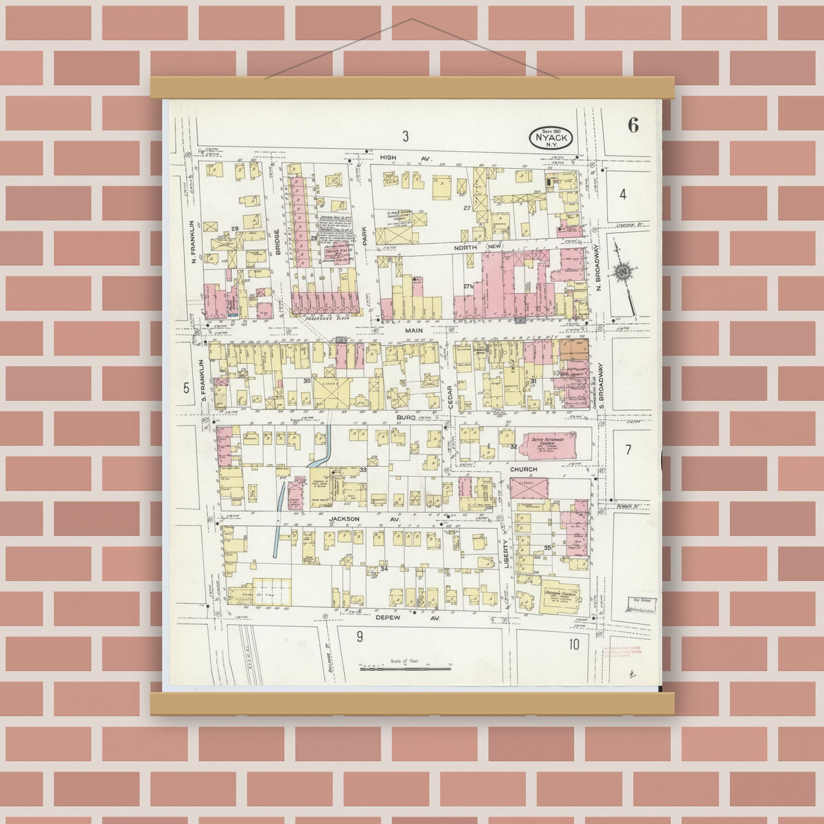 Old map wall art mockup — magnetic wood frame on brick wall — Sanborn Fire Insurance Map from Nyack, Rockland County, New York (1910), Sheet #0006