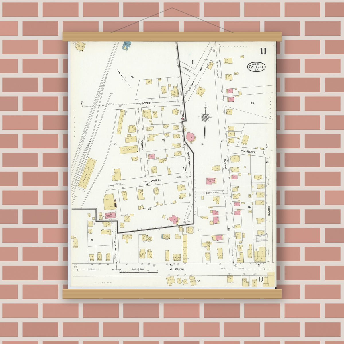 Old map wall art mockup — magnetic wood frame on brick wall — Sanborn Fire Insurance Map from Catskill, Greene County, New York (1912), Sheet #0011