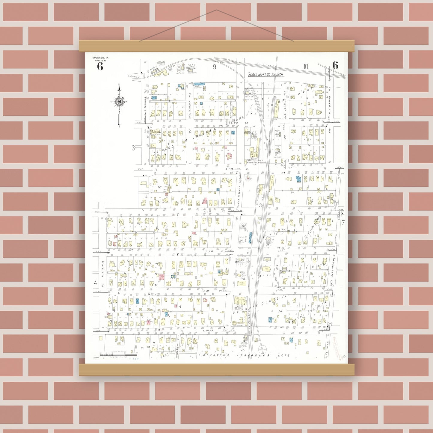 Old map wall art mockup — magnetic wood frame on brick wall — Sanborn Fire Insurance Map from Spencer, Clay County, Iowa (1941), Sheet #0006