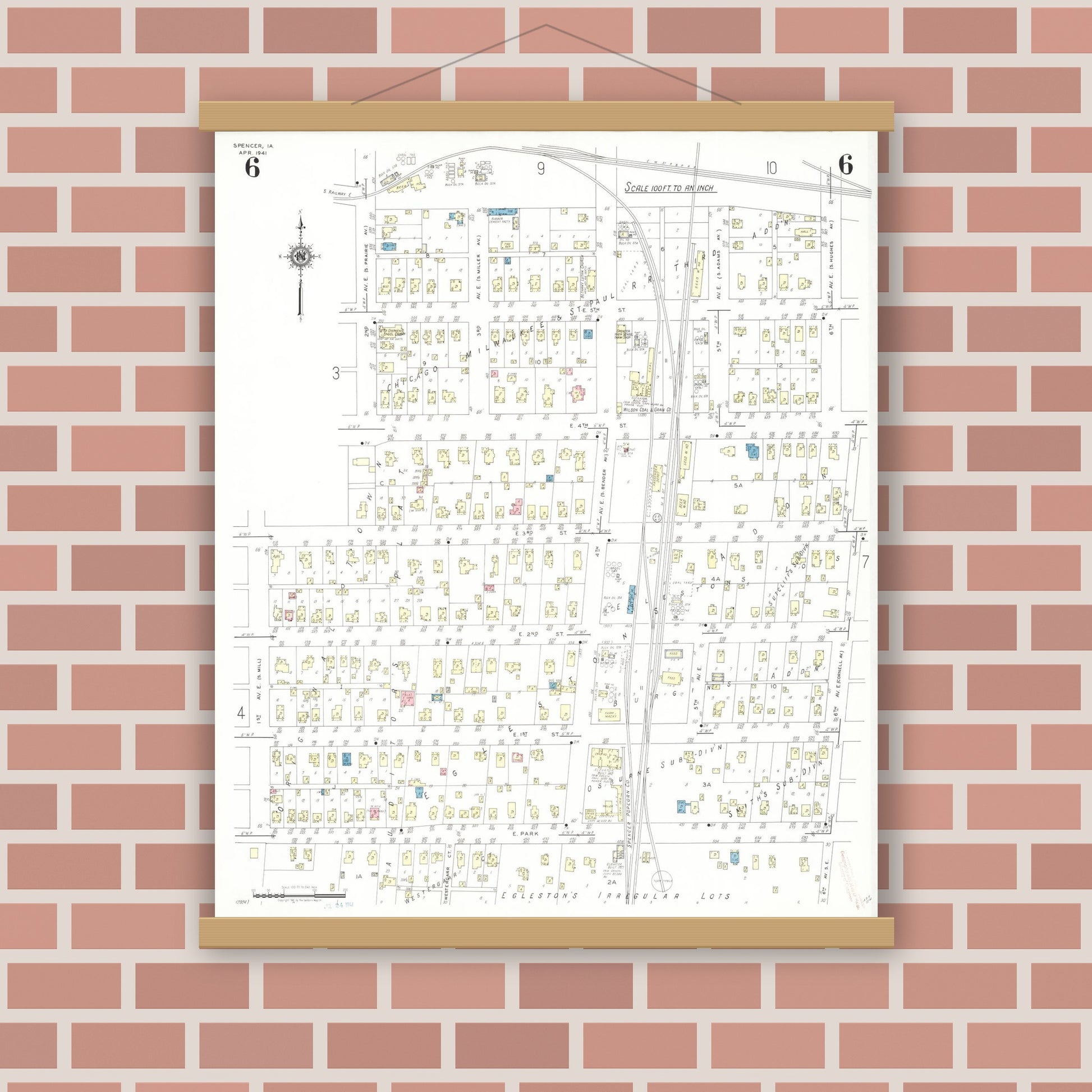 Old map wall art mockup — magnetic wood frame on brick wall — Sanborn Fire Insurance Map from Spencer, Clay County, Iowa (1941), Sheet #0006