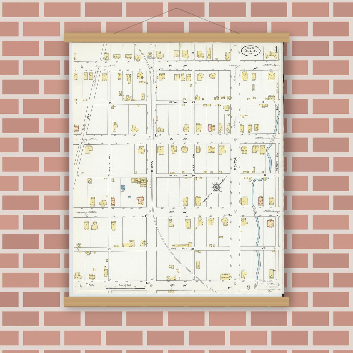 Old map wall art mockup — magnetic wood frame on brick wall — Sanborn Fire Insurance Map from Derry, Westmoreland County, Pennsylvania (1911), Sheet #0004