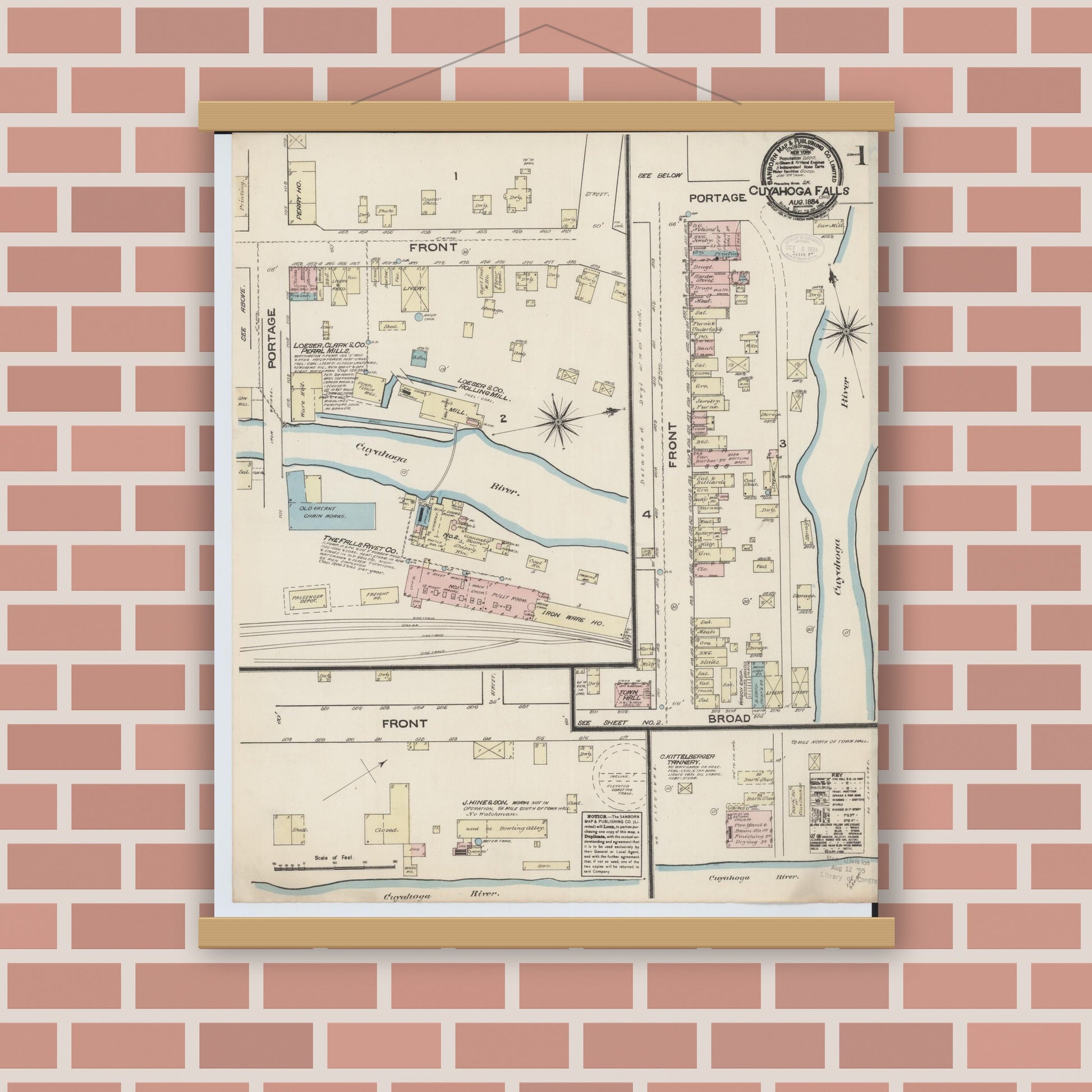 Old map wall art mockup — magnetic wood frame on brick wall — Sanborn Fire Insurance Map from Cuyahoga Falls, Summit County, Ohio (1884), Sheet #0001