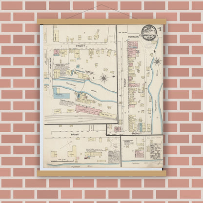 Old map wall art mockup — magnetic wood frame on brick wall — Sanborn Fire Insurance Map from Cuyahoga Falls, Summit County, Ohio (1884), Sheet #0001