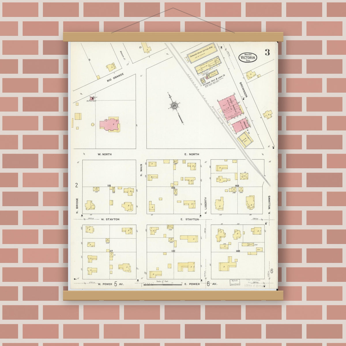 Old map wall art mockup — magnetic wood frame on brick wall — Sanborn Fire Insurance Map from Victoria, Victoria County, Texas (1912), Sheet #0003