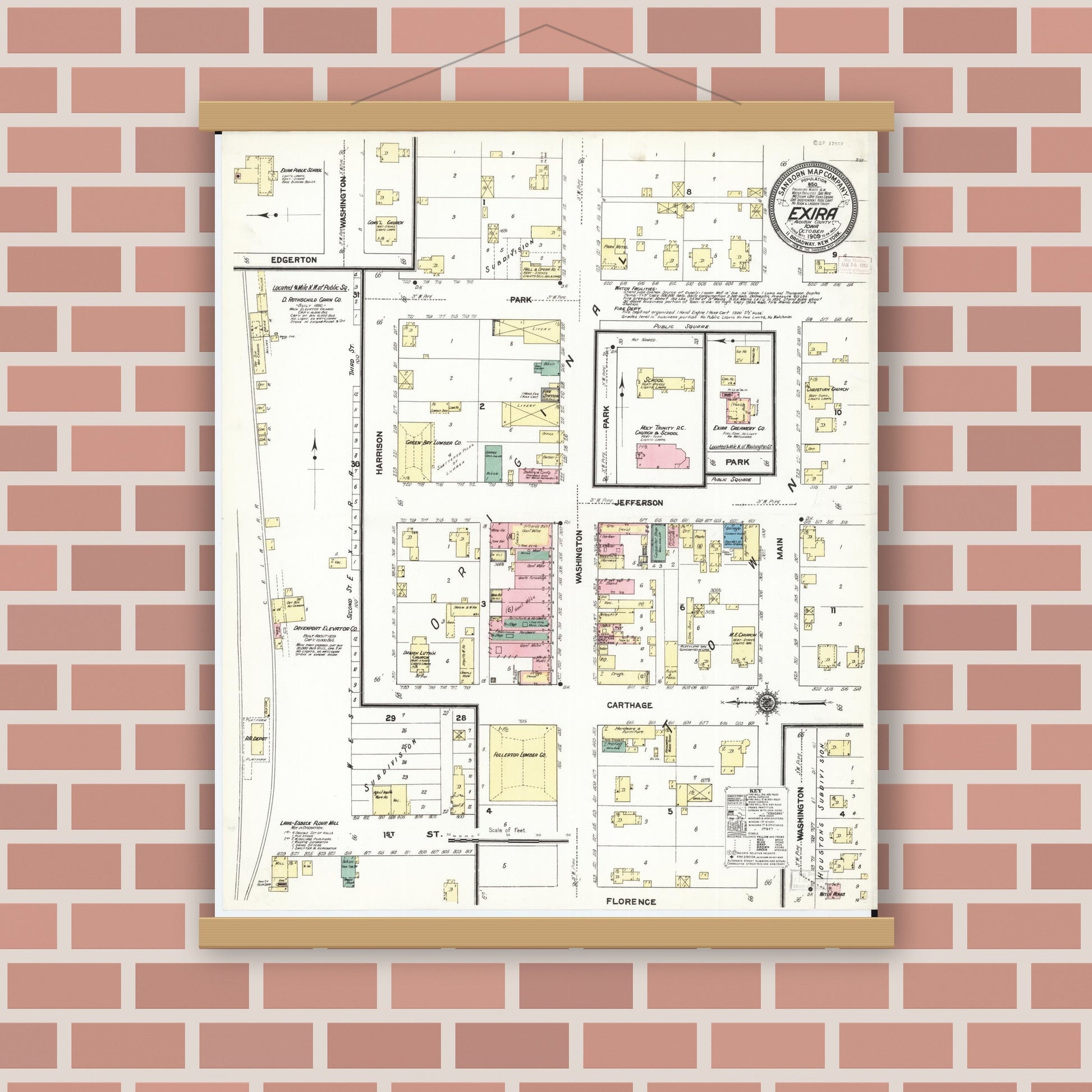 Old map wall art mockup — magnetic wood frame on brick wall — Sanborn Fire Insurance Map from Exira, Audubon County, Iowa (1909), Sheet #0001
