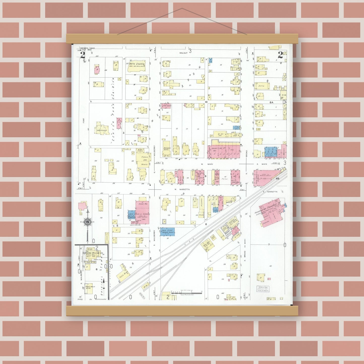 Old map wall art mockup — magnetic wood frame on brick wall — Sanborn Fire Insurance Map from Bremen, Fairfield County, Ohio (1950), Sheet #0002