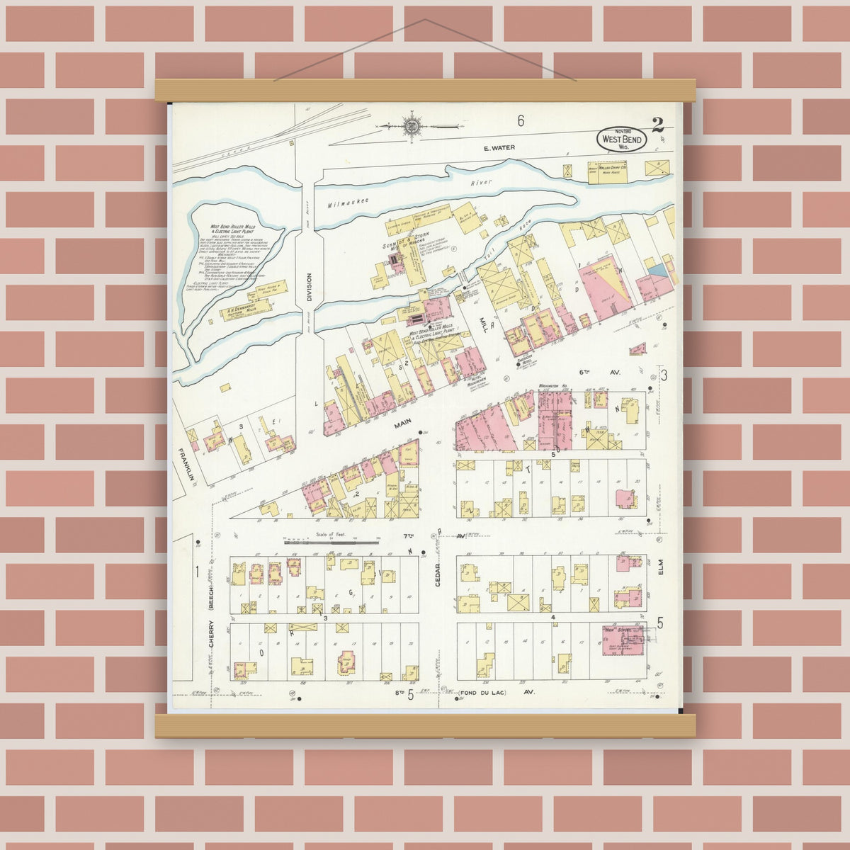 Old map wall art mockup — magnetic wood frame on brick wall — Sanborn Fire Insurance Map from West Bend, Washington County, Wisconsin (1910), Sheet #0002