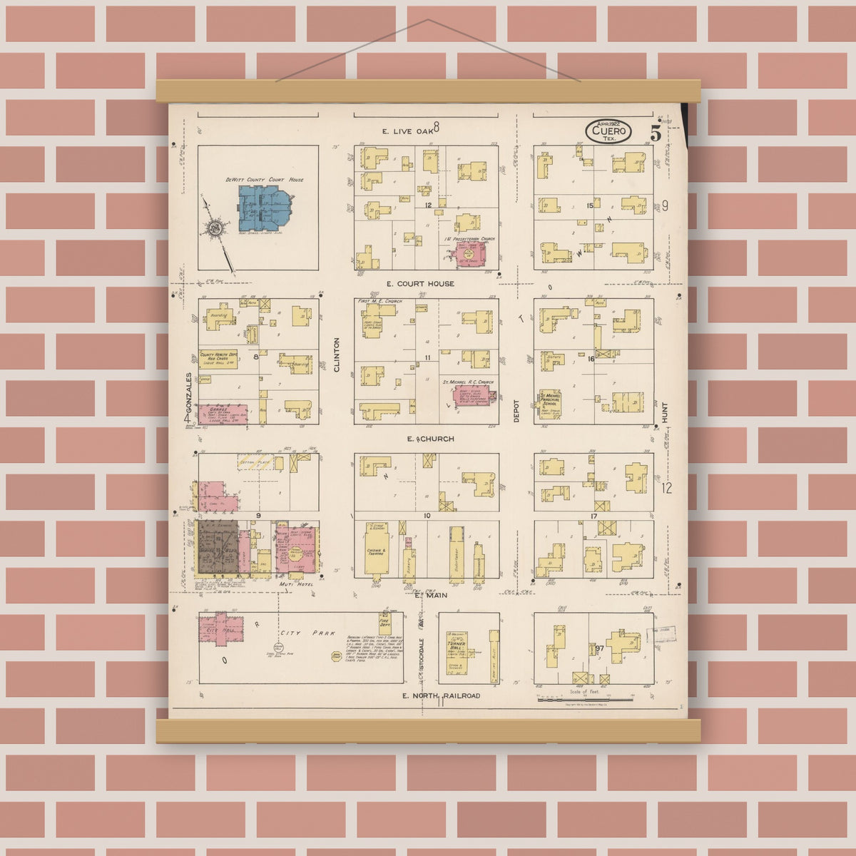 Old map wall art mockup — magnetic wood frame on brick wall — Sanborn Fire Insurance Map from Cuero, De Witt County, Texas (1922), Sheet #0005