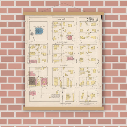 Old map wall art mockup — magnetic wood frame on brick wall — Sanborn Fire Insurance Map from Cuero, De Witt County, Texas (1922), Sheet #0005