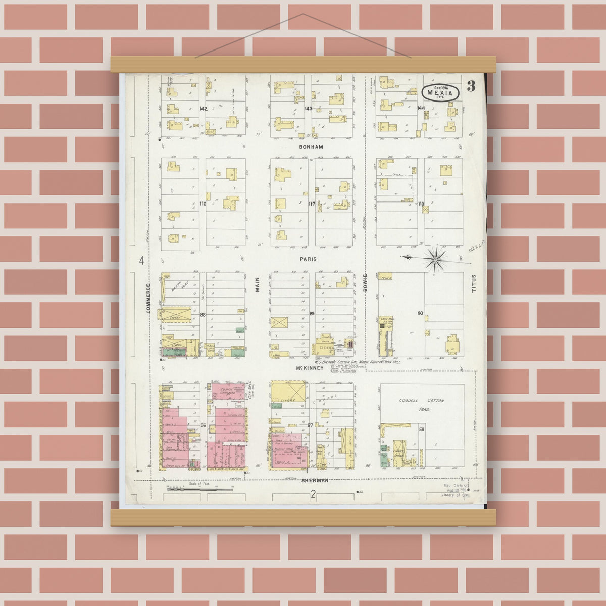 Old map wall art mockup — magnetic wood frame on brick wall — Sanborn Fire Insurance Map from Mexia, Limestone County, Texas (1896), Sheet #0003