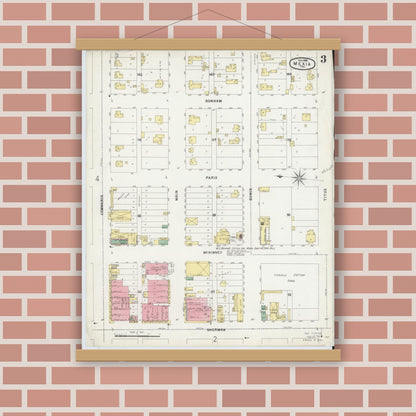 Old map wall art mockup — magnetic wood frame on brick wall — Sanborn Fire Insurance Map from Mexia, Limestone County, Texas (1896), Sheet #0003