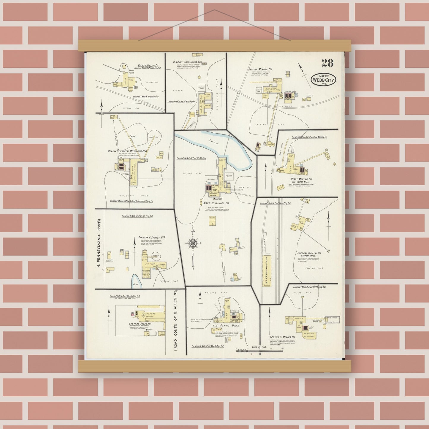 Old map wall art mockup — magnetic wood frame on brick wall — Sanborn Fire Insurance Map from Webb City, Jasper County, Missouri (1915), Sheet #0028