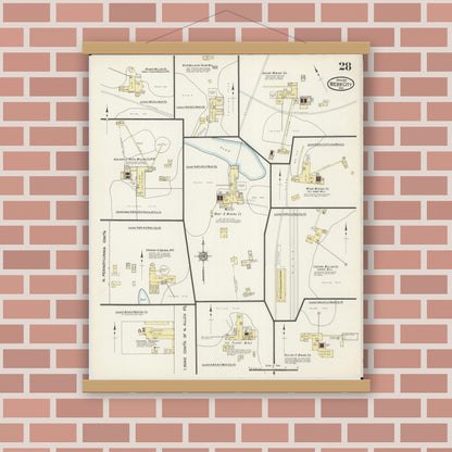 Old map wall art mockup — magnetic wood frame on brick wall — Sanborn Fire Insurance Map from Webb City, Jasper County, Missouri (1915), Sheet #0028