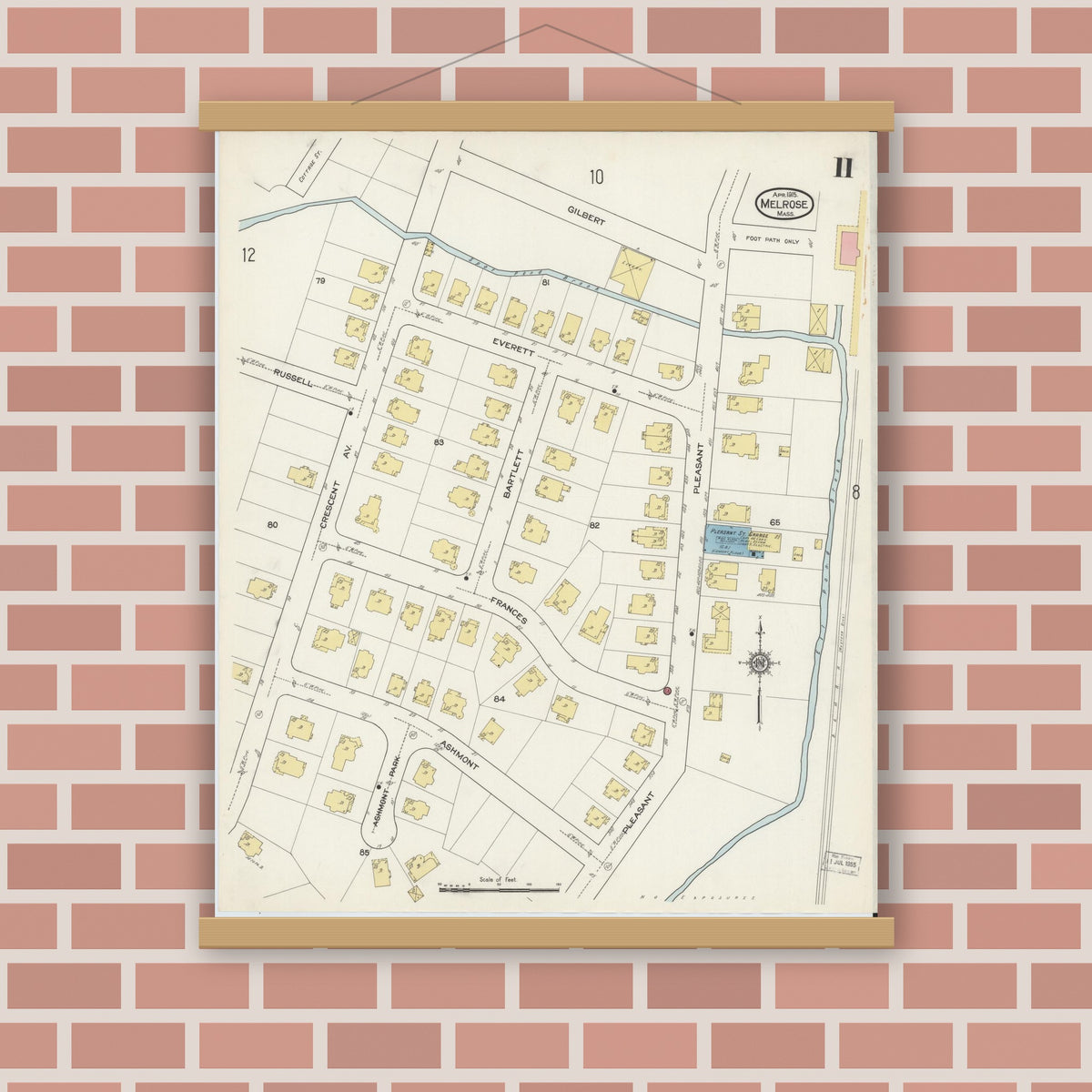Old map wall art mockup — magnetic wood frame on brick wall — Sanborn Fire Insurance Map from Melrose, Middlesex County, Massachusetts (1915), Sheet #0011