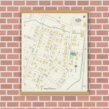 Old map wall art mockup — magnetic wood frame on brick wall — Sanborn Fire Insurance Map from Melrose, Middlesex County, Massachusetts (1915), Sheet #0011