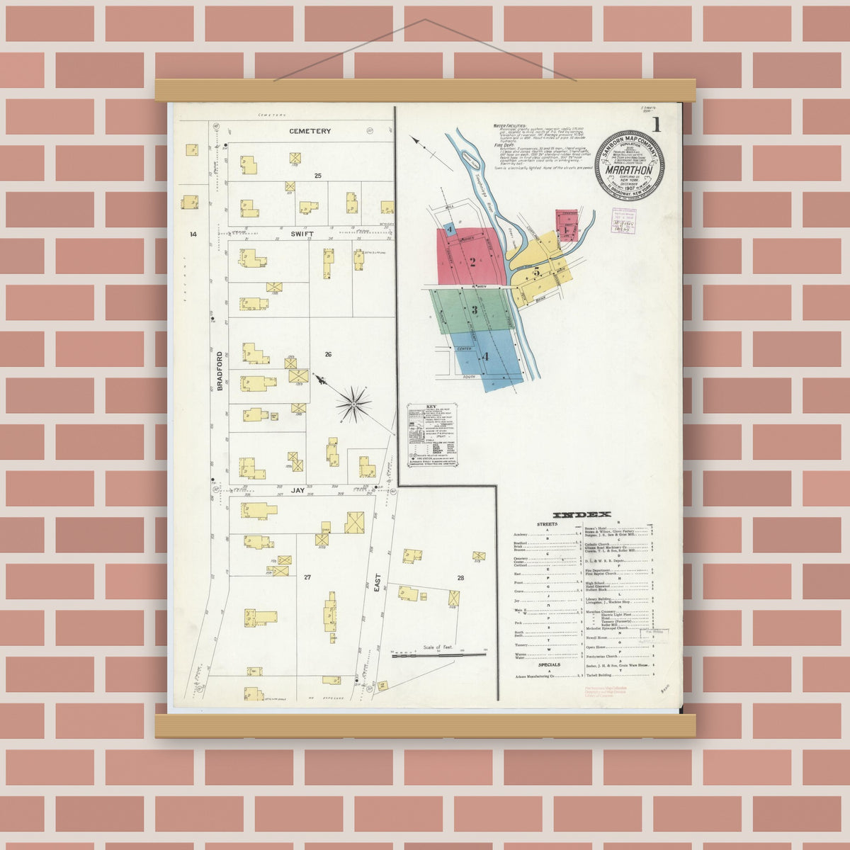 Old map wall art mockup — magnetic wood frame on brick wall — Sanborn Fire Insurance Map from Marathon, Cortland County, New York (1907) - Complete Map Set
