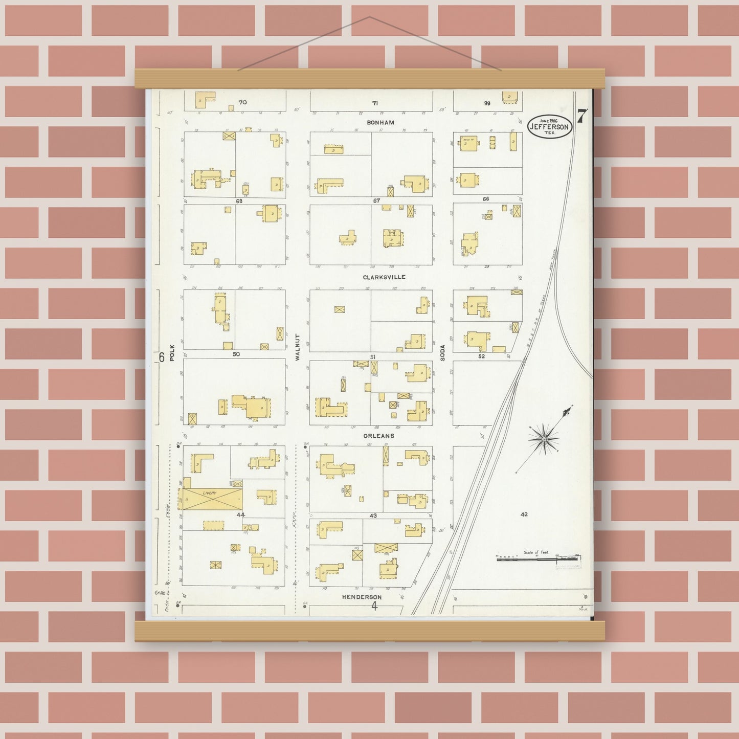 Old map wall art mockup — magnetic wood frame on brick wall — Sanborn Fire Insurance Map from Jefferson, Marion County, Texas (1906), Sheet #0007