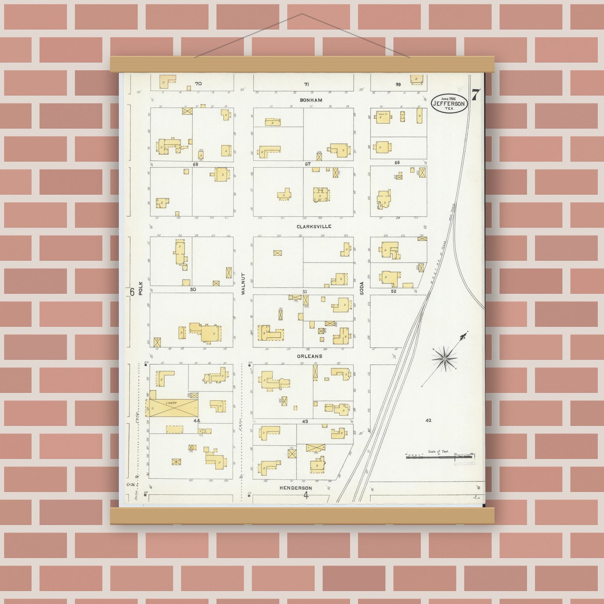 Old map wall art mockup — magnetic wood frame on brick wall — Sanborn Fire Insurance Map from Jefferson, Marion County, Texas (1906), Sheet #0007