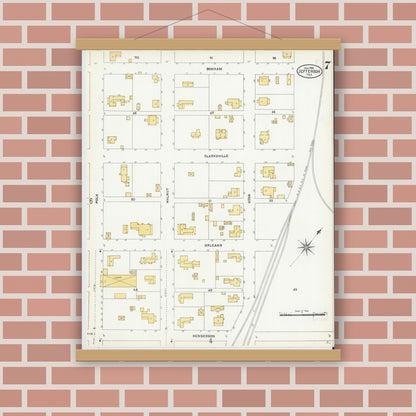 Old map wall art mockup — magnetic wood frame on brick wall — Sanborn Fire Insurance Map from Jefferson, Marion County, Texas (1906), Sheet #0007