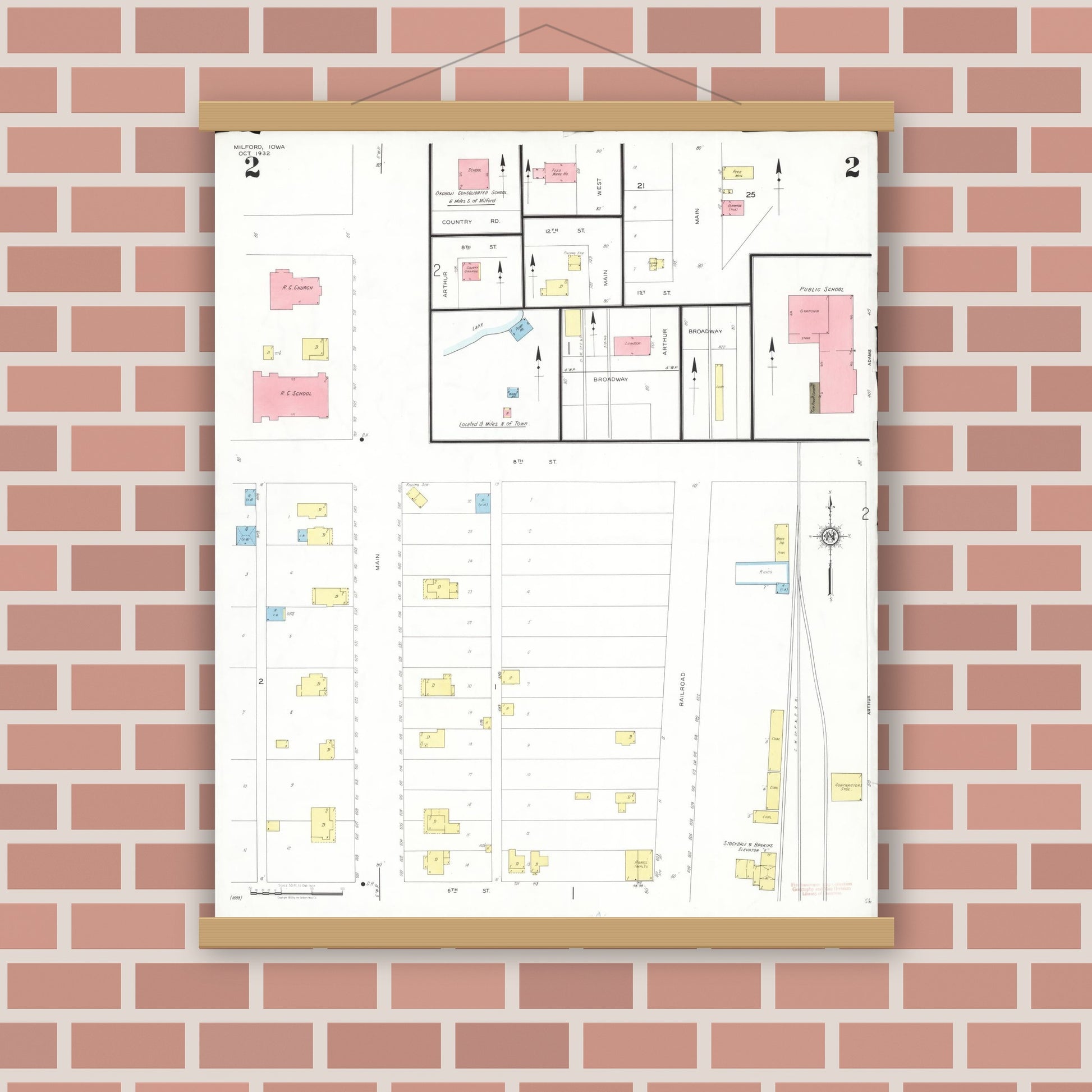 Old map wall art mockup — magnetic wood frame on brick wall — Sanborn Fire Insurance Map from Milford, Dickinson County, Iowa (1932), Sheet #0002