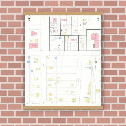 Old map wall art mockup — magnetic wood frame on brick wall — Sanborn Fire Insurance Map from Milford, Dickinson County, Iowa (1932), Sheet #0002