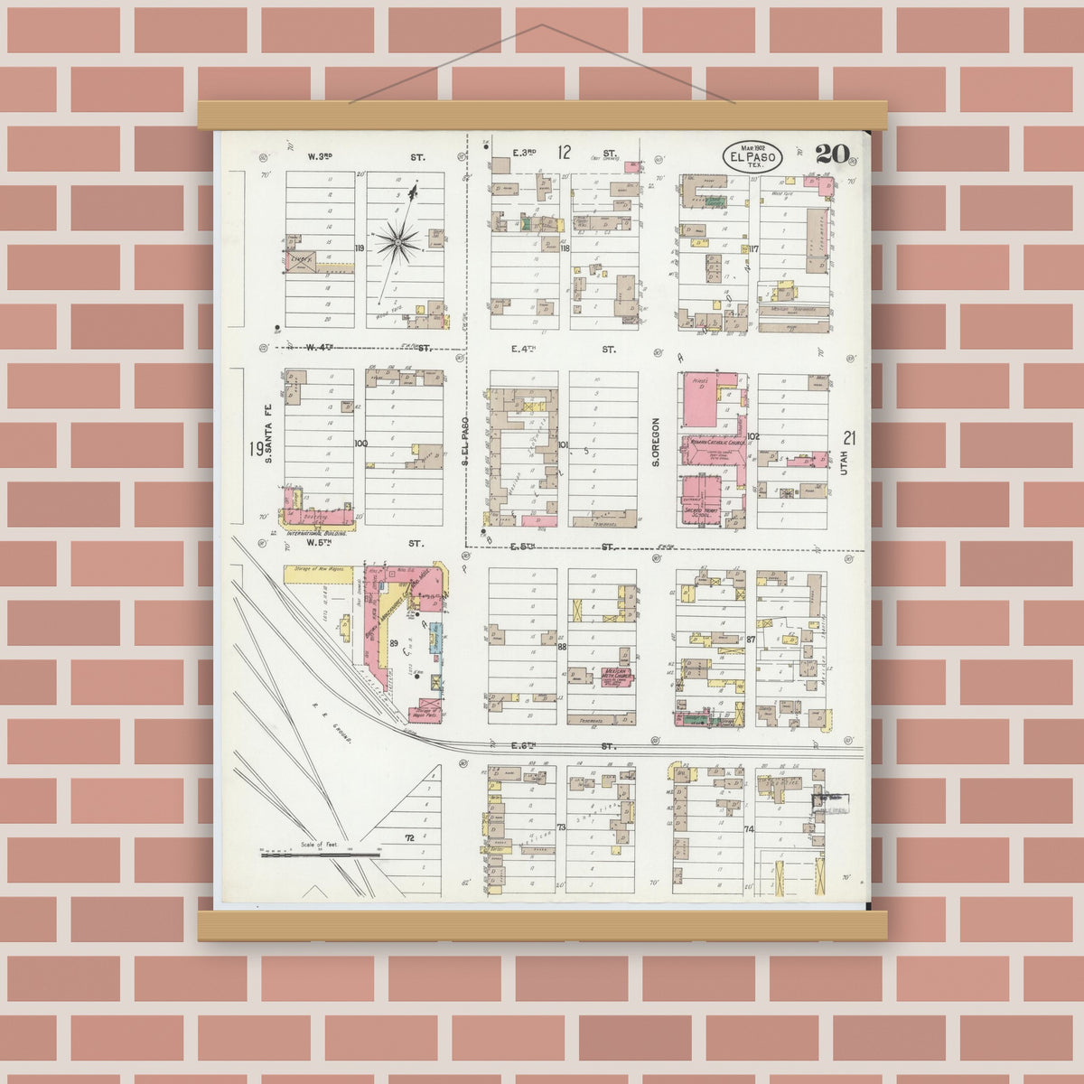 Old map wall art mockup — magnetic wood frame on brick wall — Sanborn Fire Insurance Map from El Paso, El Paso County, Texas (1902), Sheet #0020