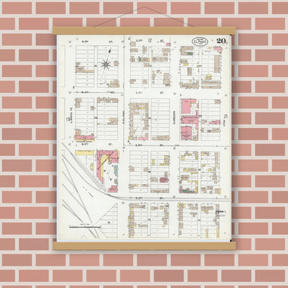 Old map wall art mockup — magnetic wood frame on brick wall — Sanborn Fire Insurance Map from El Paso, El Paso County, Texas (1902), Sheet #0020
