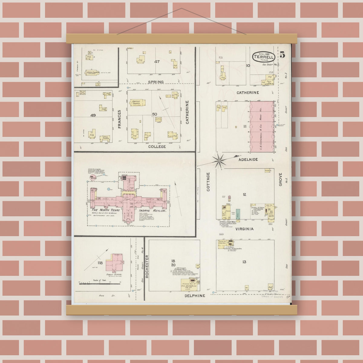 Old map wall art mockup — magnetic wood frame on brick wall — Sanborn Fire Insurance Map from Terrell, Kaufman County, Texas (1888), Sheet #0005