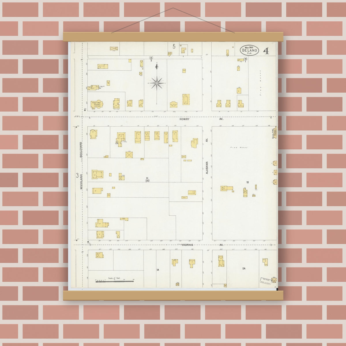 Old map wall art mockup — magnetic wood frame on brick wall — Sanborn Fire Insurance Map from De Land, Volusia County, Florida (1903), Sheet #0004
