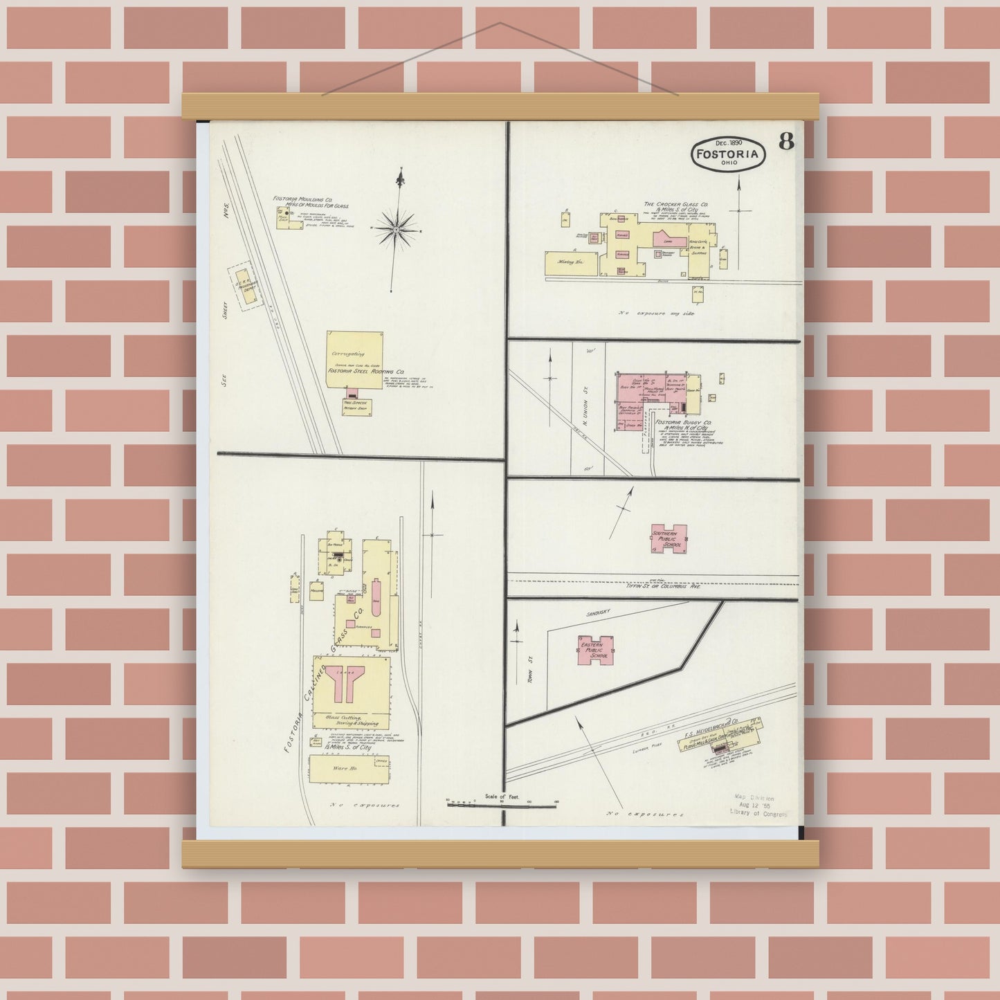 Old map wall art mockup — magnetic wood frame on brick wall — Sanborn Fire Insurance Map from Fostoria, Seneca, Hancock, And Wood Counties, Ohio (1891), Sheet #0008