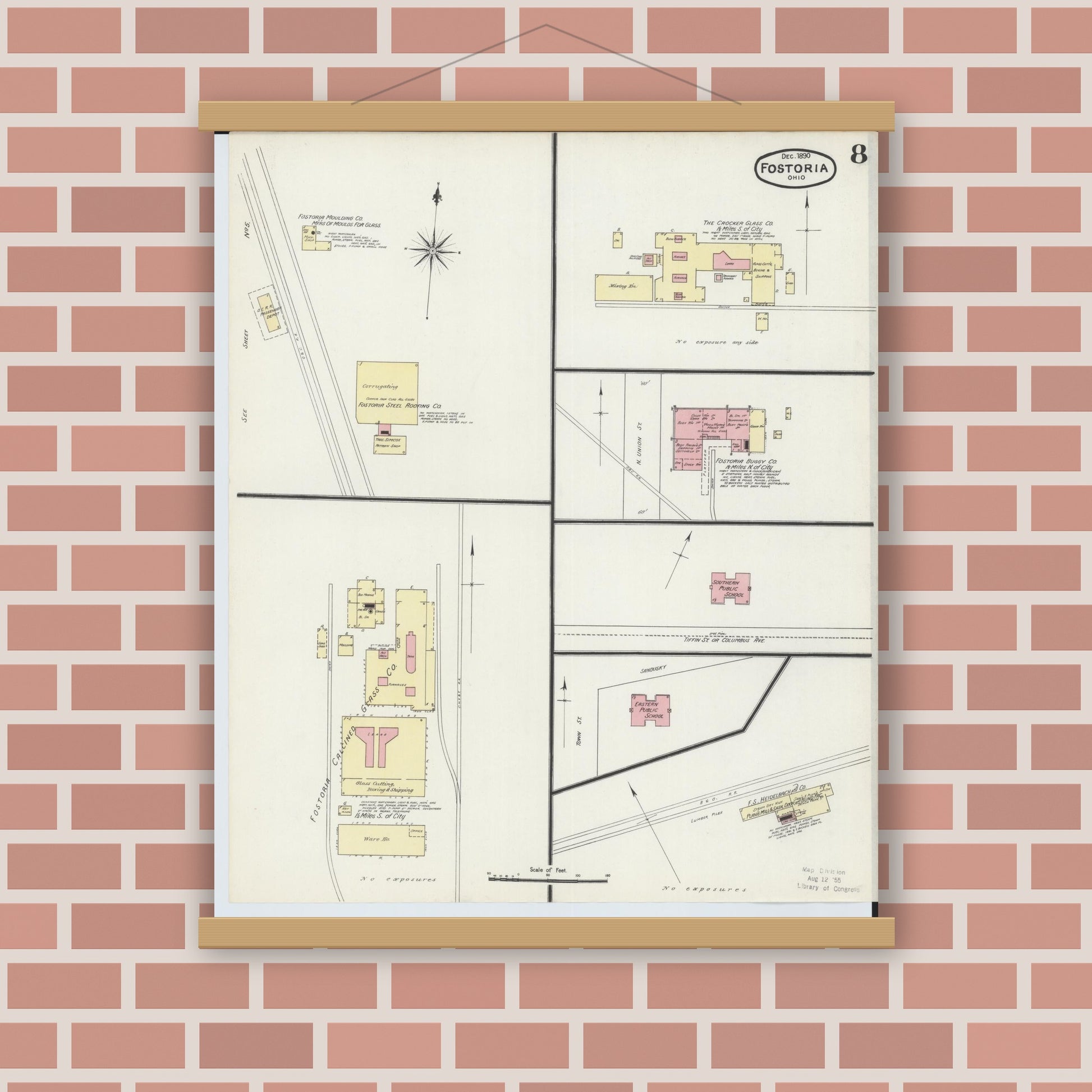 Old map wall art mockup — magnetic wood frame on brick wall — Sanborn Fire Insurance Map from Fostoria, Seneca, Hancock, And Wood Counties, Ohio (1891), Sheet #0008