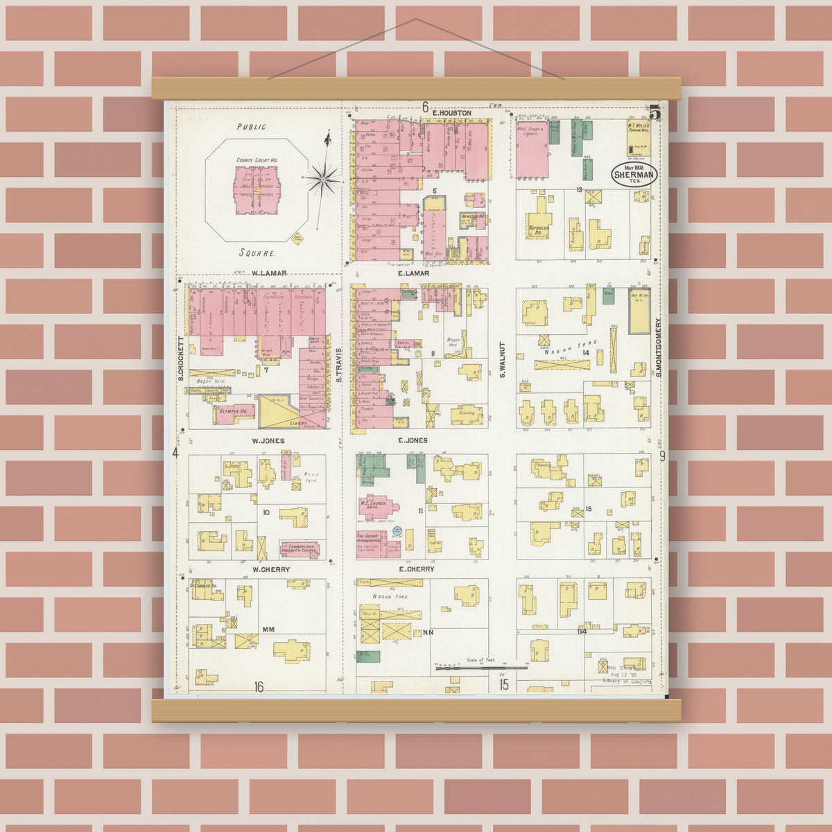 Old map wall art mockup — magnetic wood frame on brick wall — Sanborn Fire Insurance Map from Sherman, Grayson County, Texas (1902), Sheet #0005