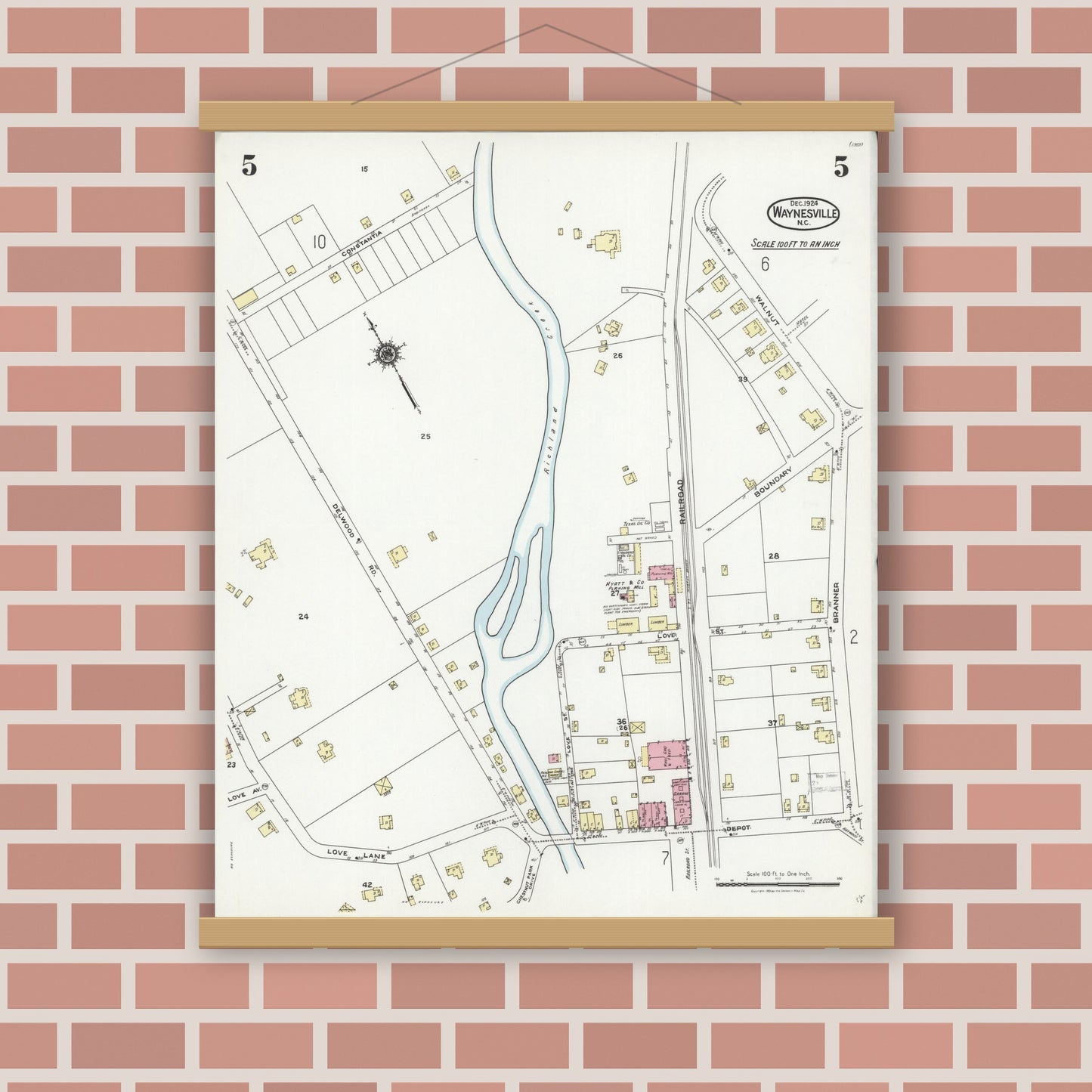 Old map wall art mockup — magnetic wood frame on brick wall — Sanborn Fire Insurance Map from Waynesville, Haywood County, North Carolina (1924), Sheet #0005