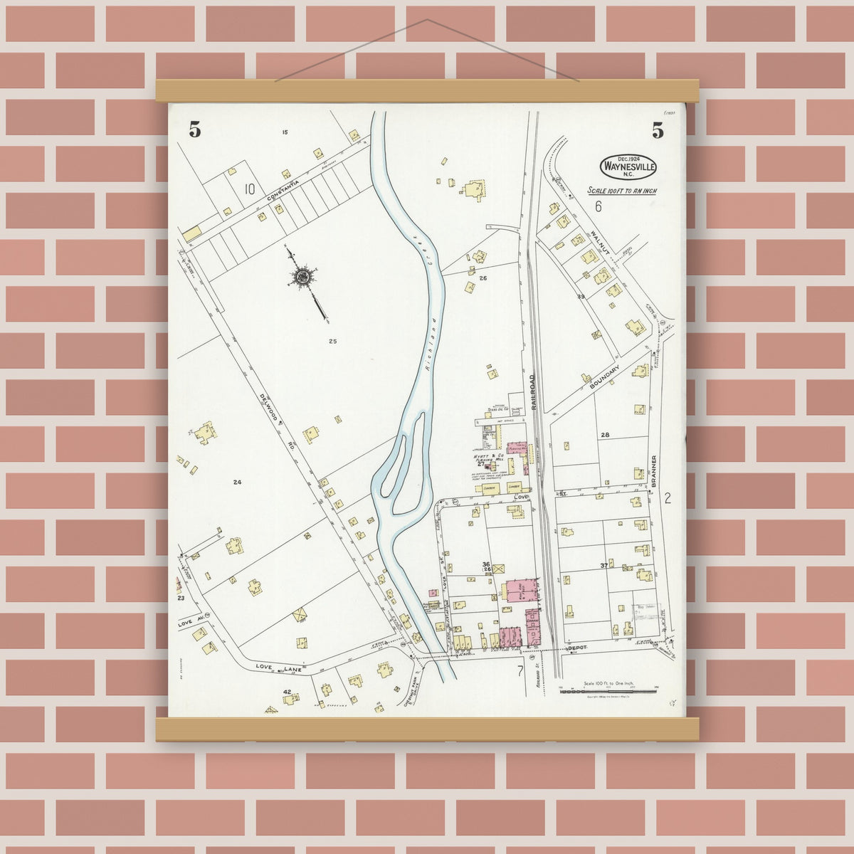 Old map wall art mockup — magnetic wood frame on brick wall — Sanborn Fire Insurance Map from Waynesville, Haywood County, North Carolina (1924), Sheet #0005