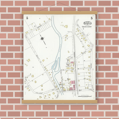 Old map wall art mockup — magnetic wood frame on brick wall — Sanborn Fire Insurance Map from Waynesville, Haywood County, North Carolina (1924), Sheet #0005