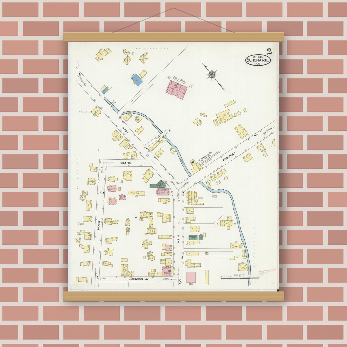 Old map wall art mockup — magnetic wood frame on brick wall — Sanborn Fire Insurance Map from Schoharie, Schoharie County, New York (1909), Sheet #0002