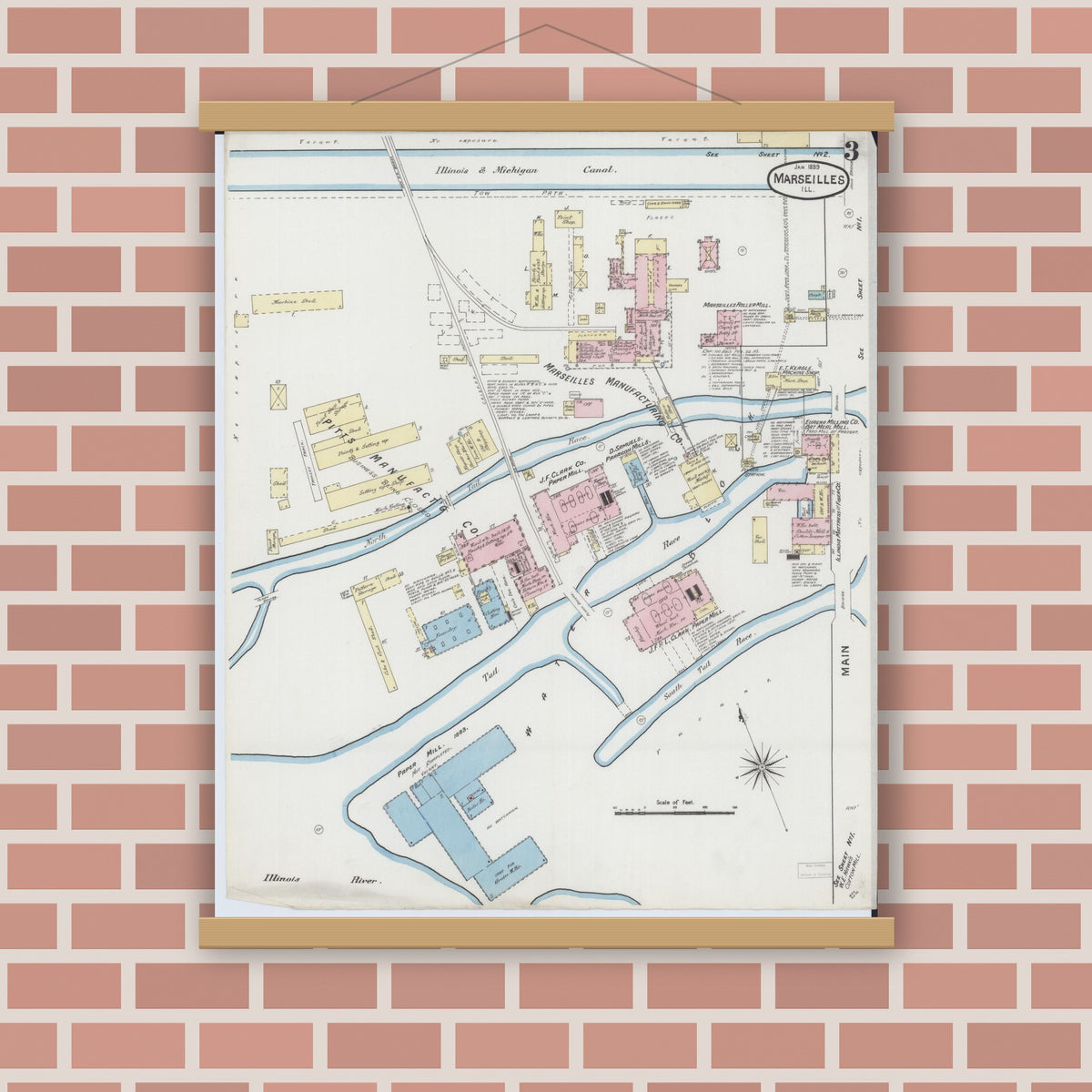Old map wall art mockup — magnetic wood frame on brick wall — Sanborn Fire Insurance Map from Marseilles, La Salle County, Illinois (1889), Sheet #0003