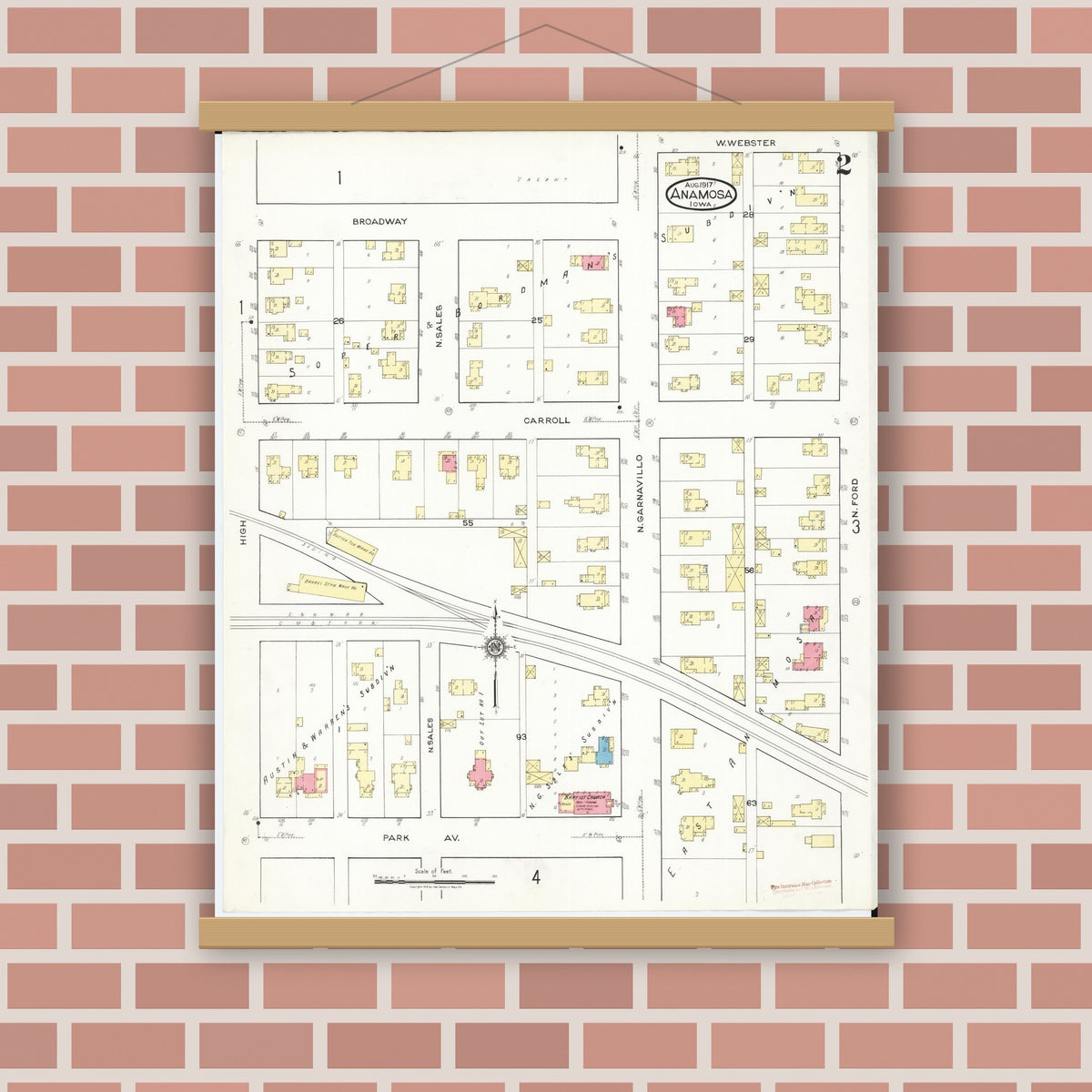 Old map wall art mockup — magnetic wood frame on brick wall — Sanborn Fire Insurance Map from Anamosa, Jones County, Iowa (1917), Sheet #0002