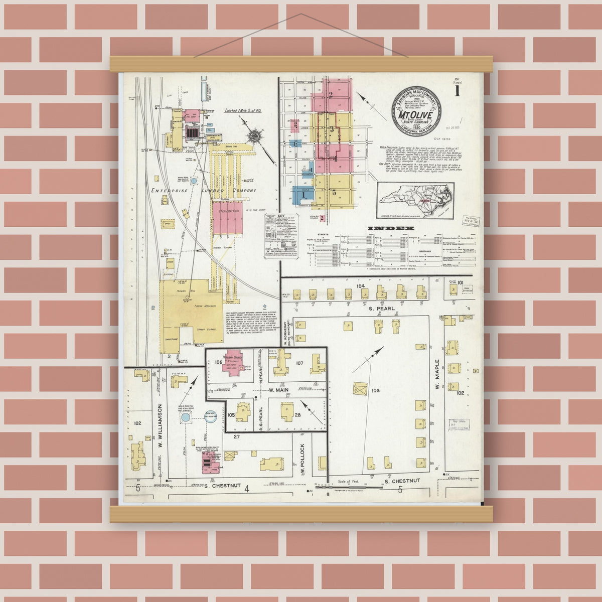 Old map wall art mockup — magnetic wood frame on brick wall — Sanborn Fire Insurance Map from Mount Olive, Wayne County, North Carolina (1920) - Complete Map Set
