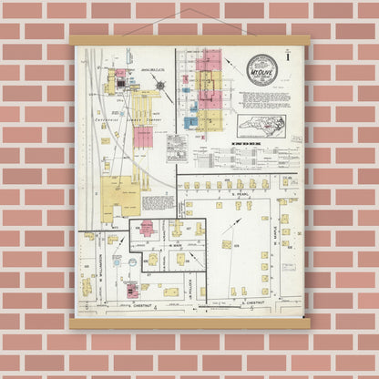 Old map wall art mockup — magnetic wood frame on brick wall — Sanborn Fire Insurance Map from Mount Olive, Wayne County, North Carolina (1920) - Complete Map Set