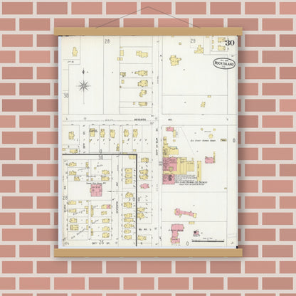Old map wall art mockup — magnetic wood frame on brick wall — Sanborn Fire Insurance Map from Rock Island, Rock Island County, Illinois (1898), Sheet #0030