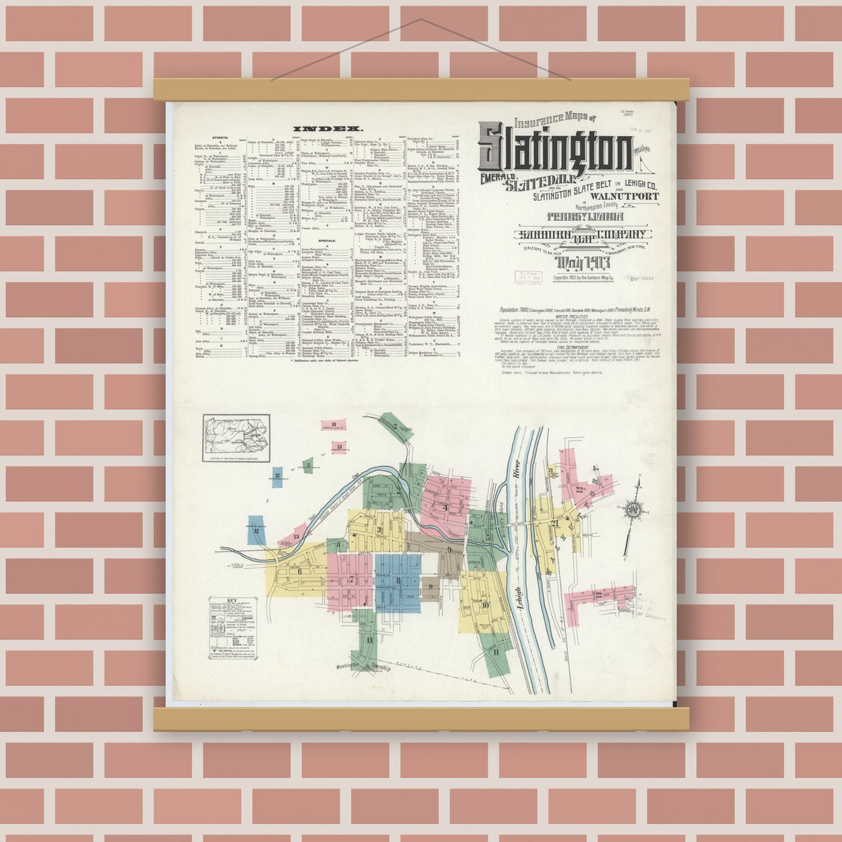 Old map wall art mockup — magnetic wood frame on brick wall — Sanborn Fire Insurance Map from Slatington, Lehigh County, Pennsylvania (1913), Sheet #0001