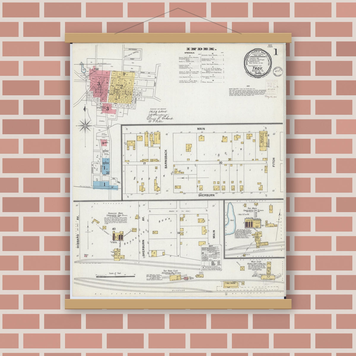 Old map wall art mockup — magnetic wood frame on brick wall — Sanborn Fire Insurance Map from Troy, Madison County, Illinois (1899), Sheet #0001