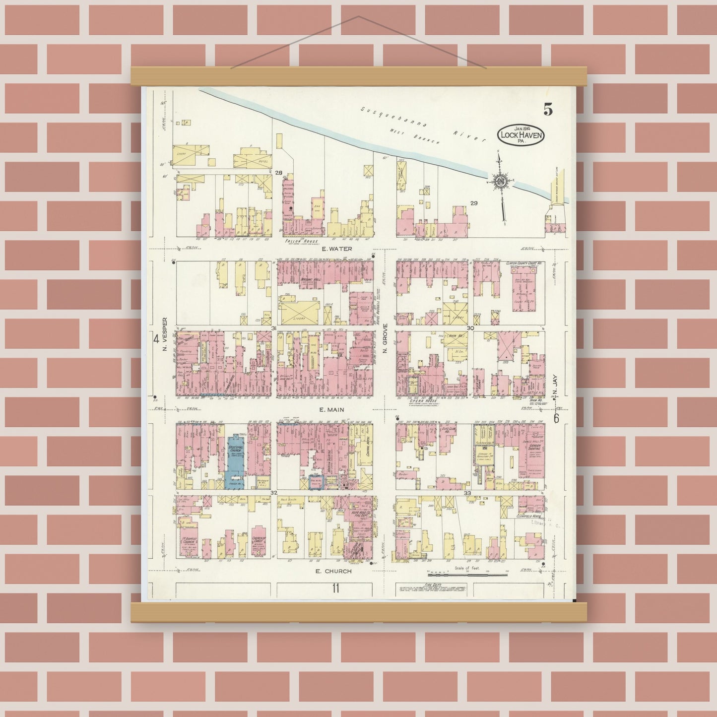 Old map wall art mockup — magnetic wood frame on brick wall — Sanborn Fire Insurance Map from Lock Haven, Clinton County, Pennsylvania (1914), Sheet #0005