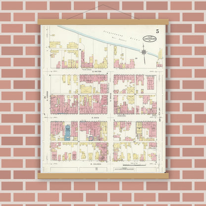 Old map wall art mockup — magnetic wood frame on brick wall — Sanborn Fire Insurance Map from Lock Haven, Clinton County, Pennsylvania (1914), Sheet #0005