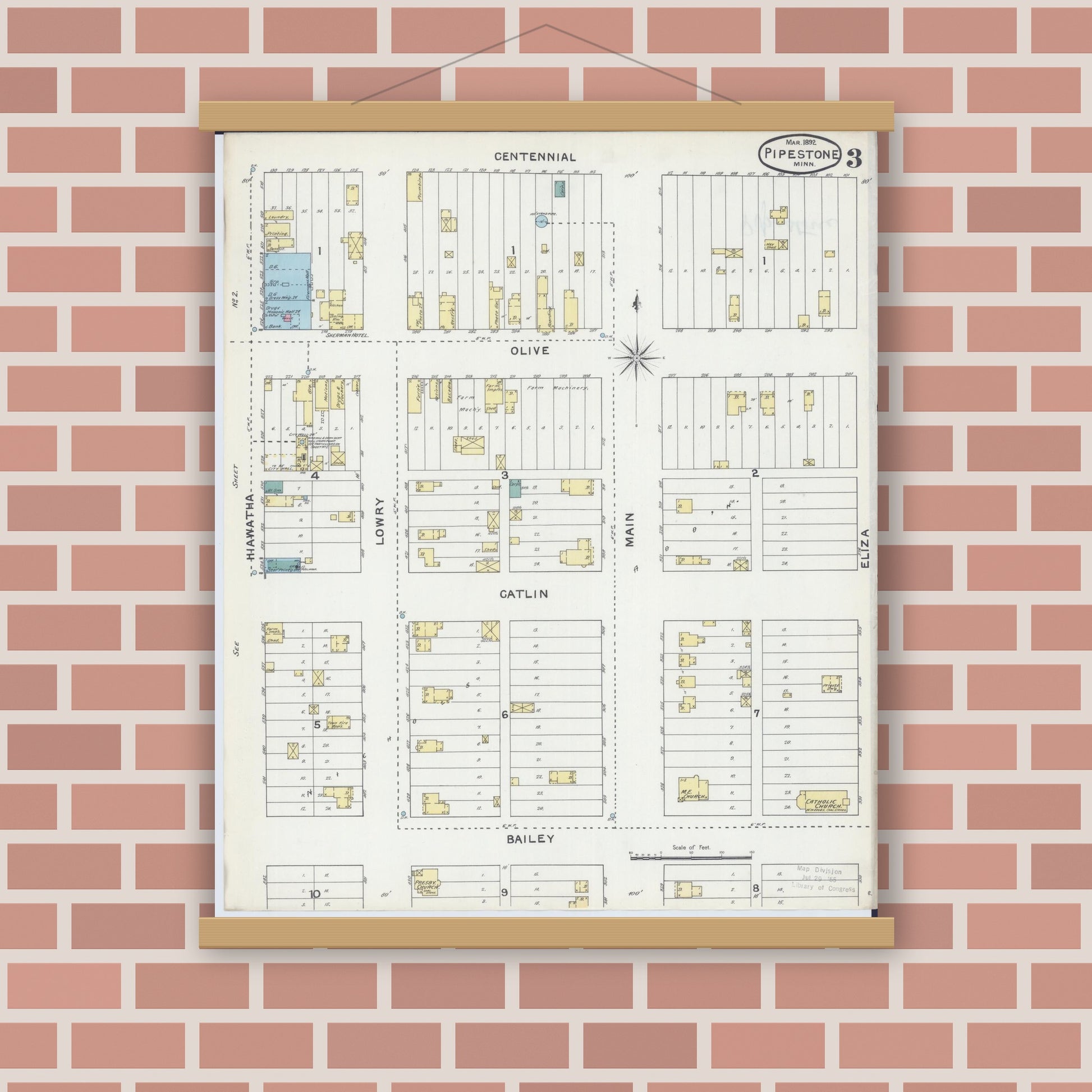Old map wall art mockup — magnetic wood frame on brick wall — Sanborn Fire Insurance Map from Pipestone, Pipestone County, Minnesota (1892), Sheet #0003