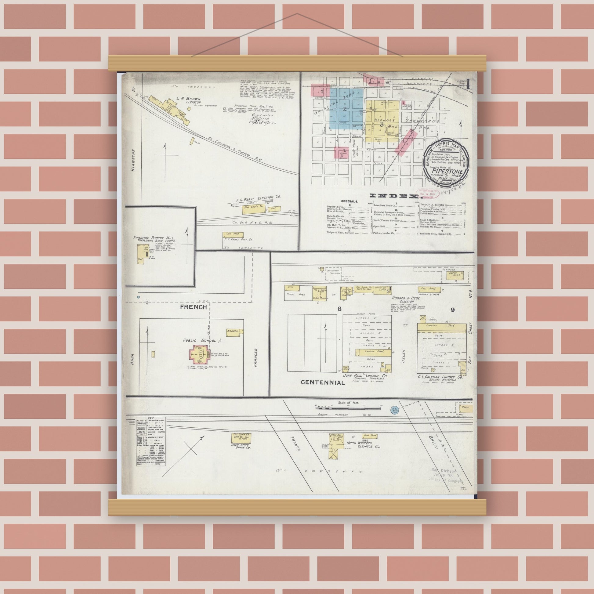Old map wall art mockup — magnetic wood frame on brick wall — Sanborn Fire Insurance Map from Pipestone, Pipestone County, Minnesota (1892) - Complete Map Set