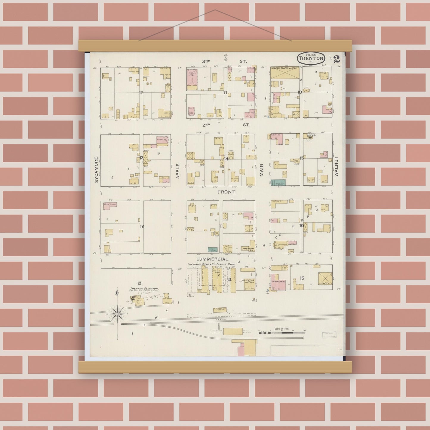 Old map wall art mockup — magnetic wood frame on brick wall — Sanborn Fire Insurance Map from Trenton, Clinton County, Illinois (1893), Sheet #0002