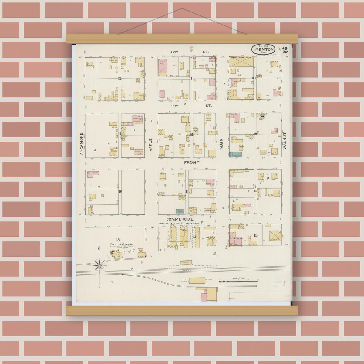 Old map wall art mockup — magnetic wood frame on brick wall — Sanborn Fire Insurance Map from Trenton, Clinton County, Illinois (1893), Sheet #0002